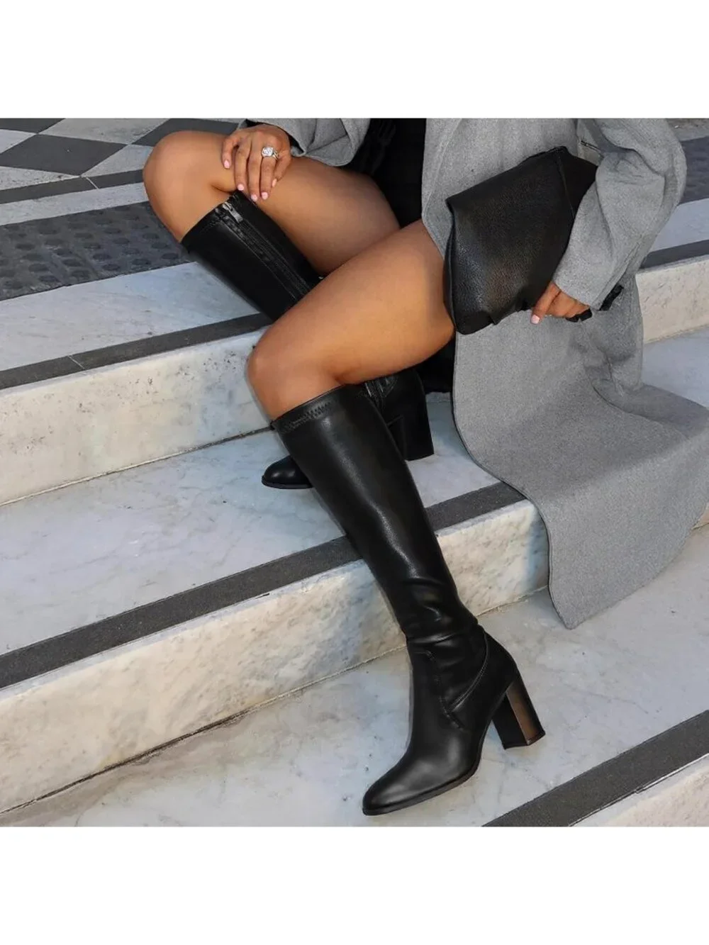 Women's Black Round Toe Side Zip Chunky Heel Fashion Tall Knee High Casual Boot